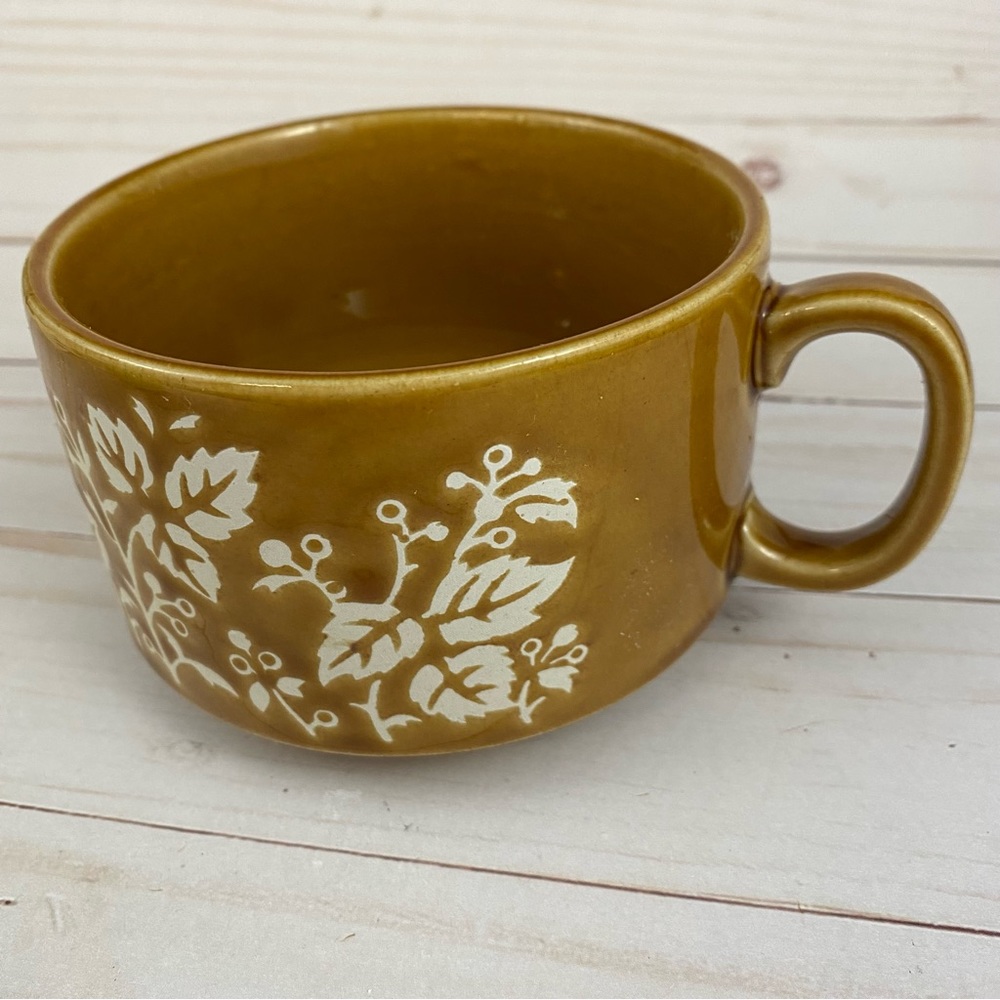 Vintage Japan Soup Chili Mug Leaves Brown Glazed Boho 70s - Picture 8 of 8